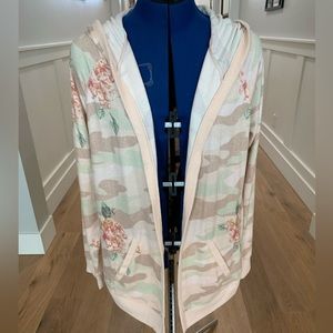 Maurices open front camo, floral cardigan.